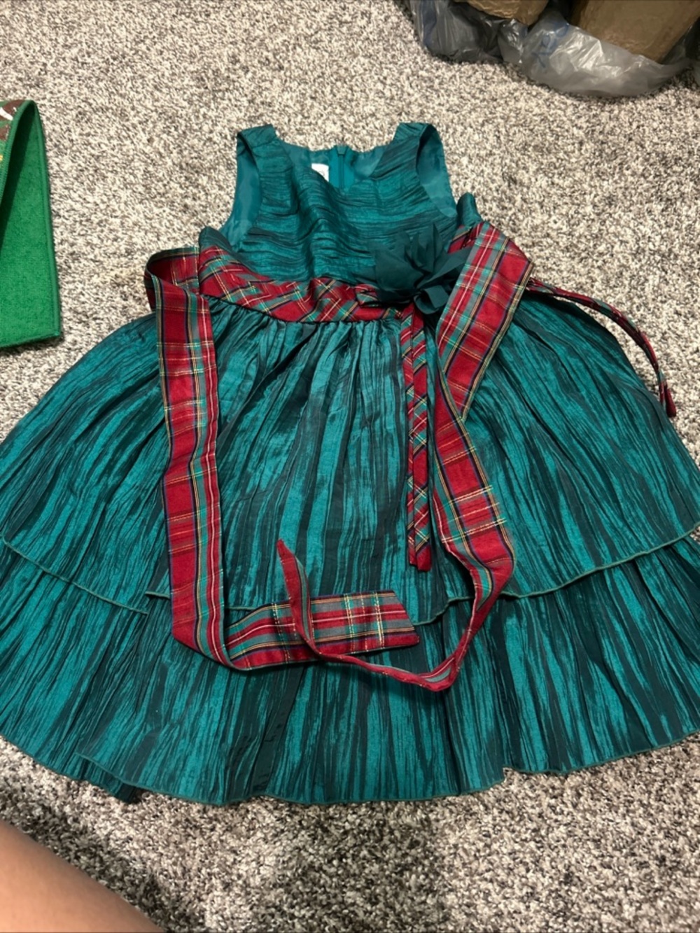 Bonnie Jean Teal Green Holiday Dress with Red Plaid Sash